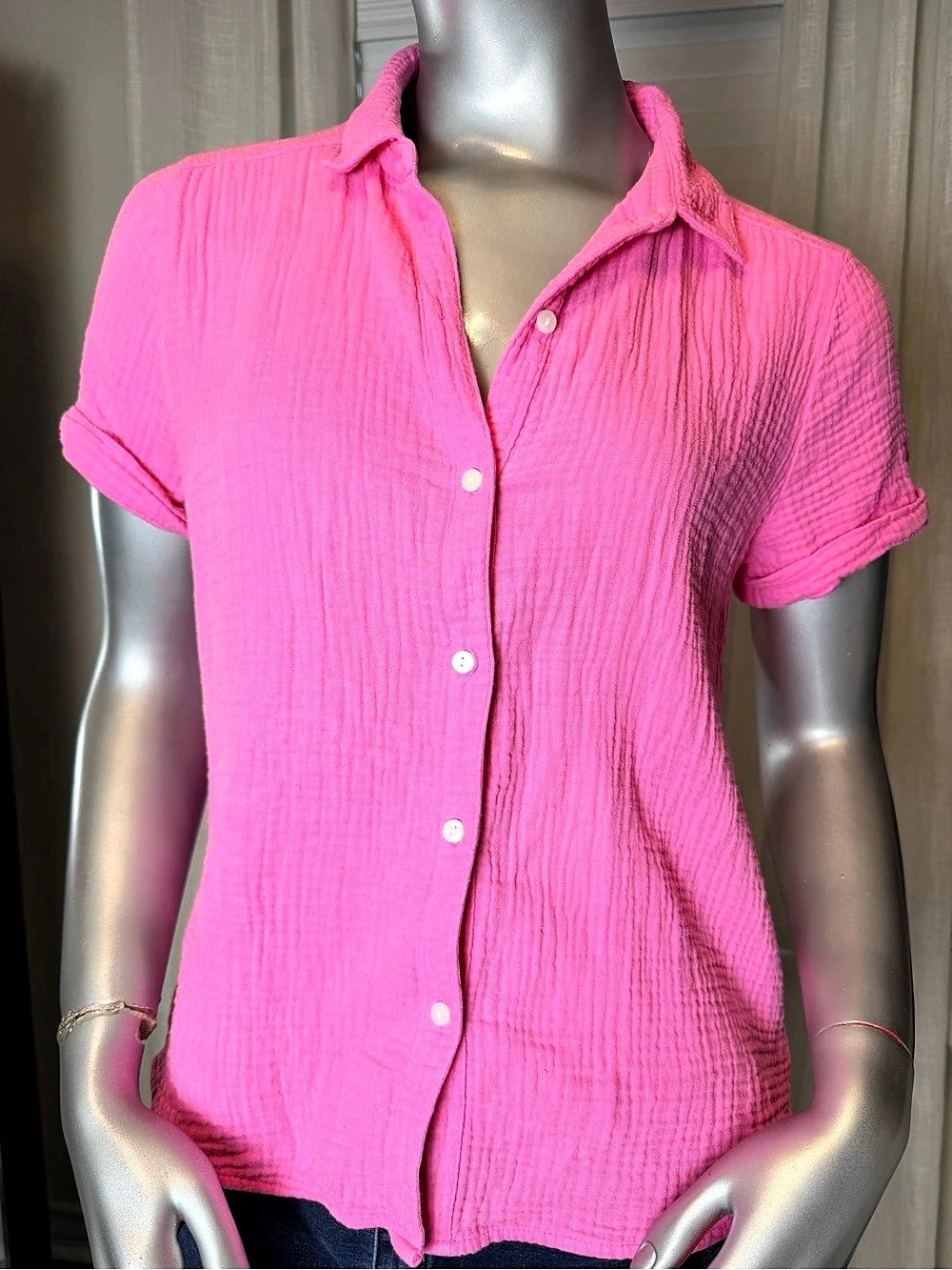 Lucky Brand Women's Pink Cotton Gauze Button Up Shirt Short Sleeve Small